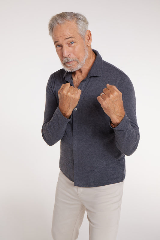 Pete Double Knit Magnetic Polo in Heather Gray